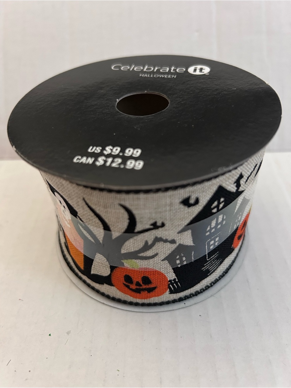 Celebrate It Halloween Gray, Orange & Black Haunted House Ribbon 2-1/2”